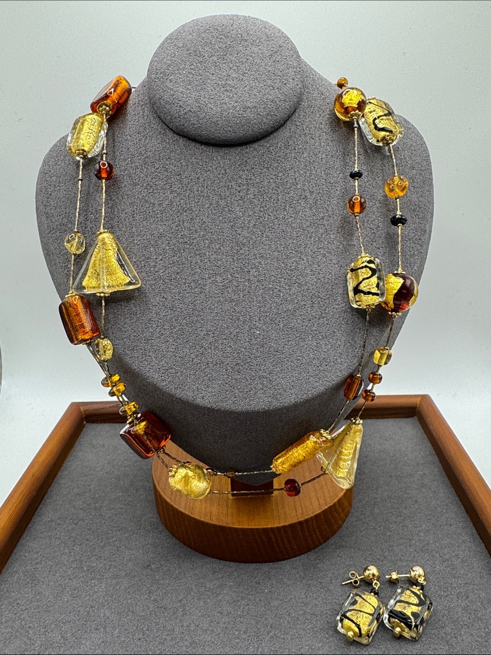 Vintage “Asteroid” / “Berlingot” style Merano Glass Necklace & Earring set 14k
